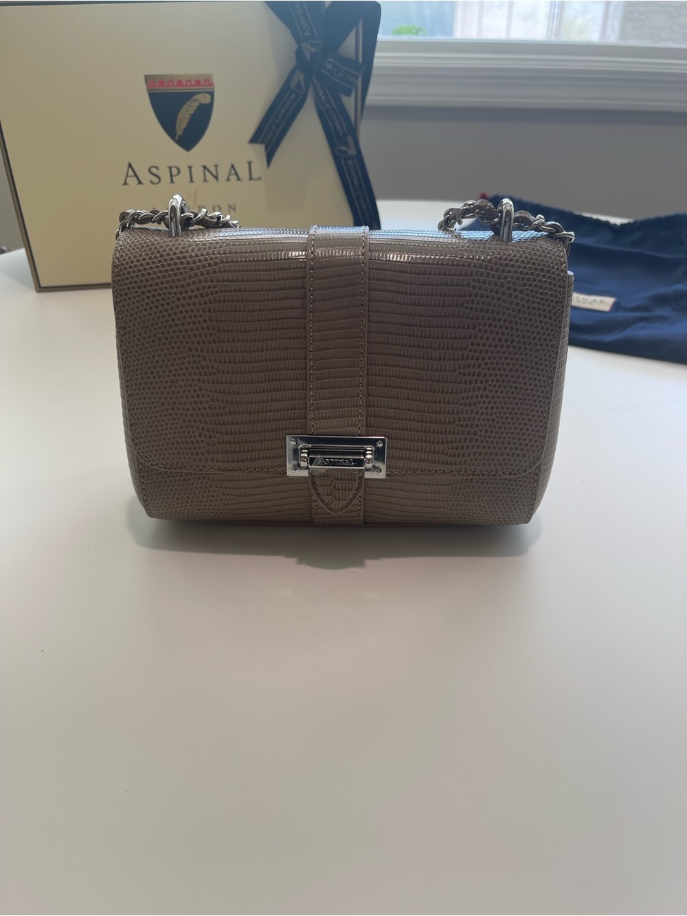 Aspinal of London Lottie Bag Latte Lizard Embossed Leather NWT Gift Box
